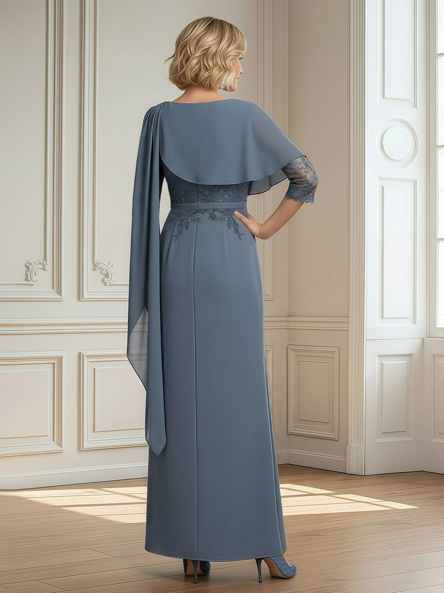 Scoop Half Sleeves Lace Floor-length Slit Dress Slate Blue