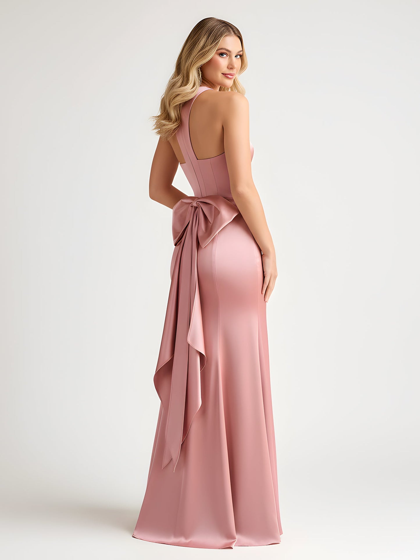 Sleeveless Satin Gown with Oversized Back Bow Dusty Rose