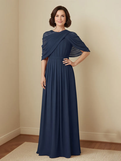 Flowing A-Line Gown with Sparkling Shoulder Detail Dark Navy
