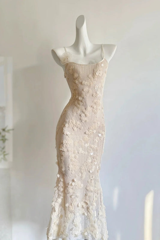 Soft Gold Scale Light Spaghetti Strap Sequin Mermaid Maxi Dress gh6919