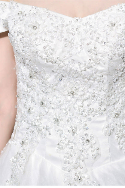 Princess Off Shoulder White Wedding Dress with Pearls