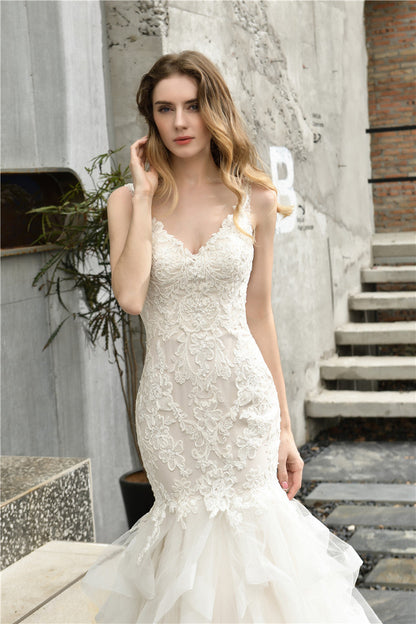 Princess Mermaid Ivory Wedding Dress with Cascading Ruffles