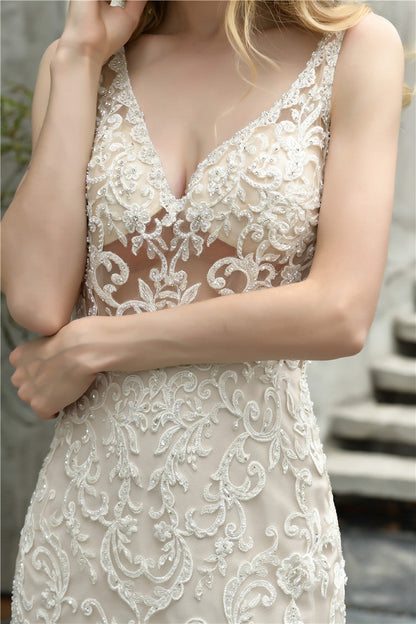 V Neck Mermaid Ivory Wedding Dress with Cascading Ruffles