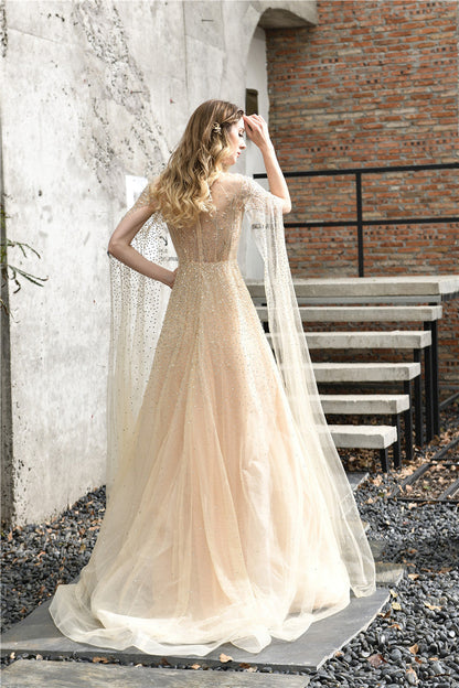 Princess Long Sleeves Beaded Champagne Wedding Dress
