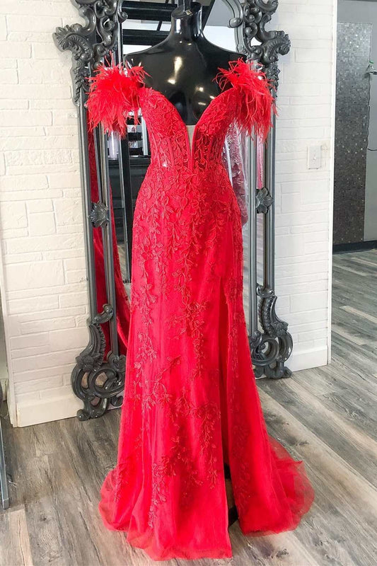 Red Feather Lace Off-the-Shoulder Long Prom Dress with Slit