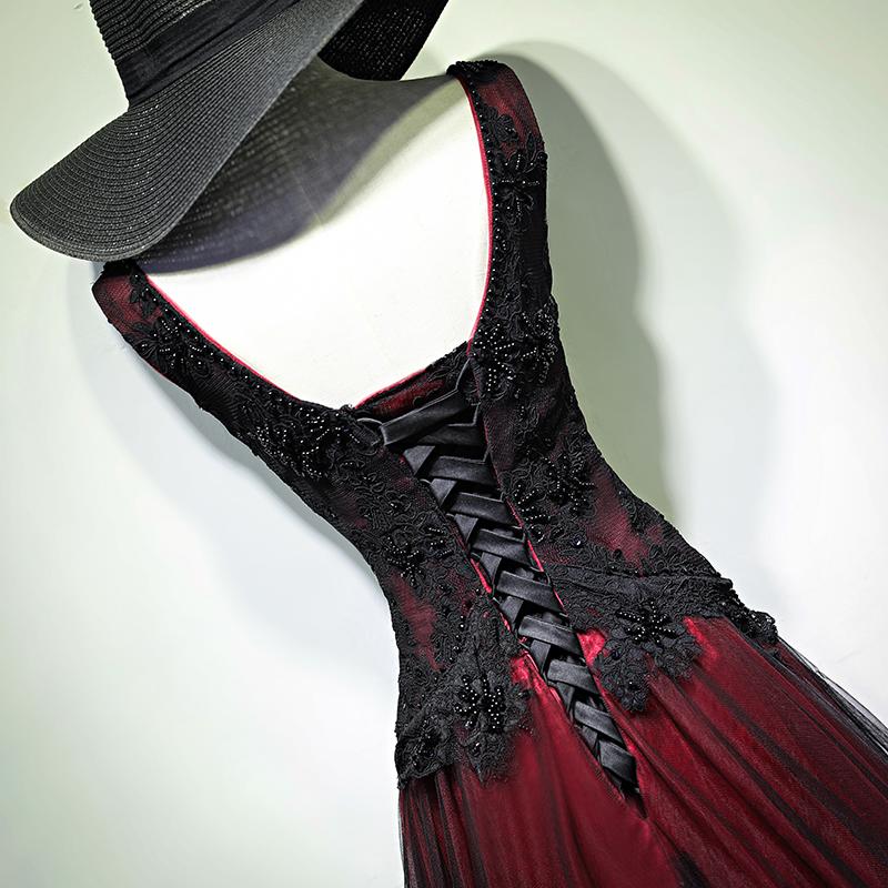 Gorgeous Black And Red V-Neckline Tulle Beaded Prom Dress, Long Evening Dress c2542