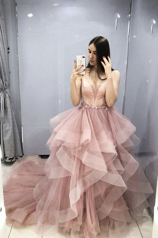 Pink v neck tulle long prom dress pink sweet 16 dress