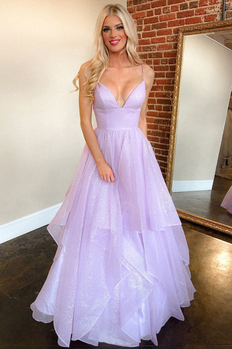 Purple v neck tulle long prom dress purple formal dress