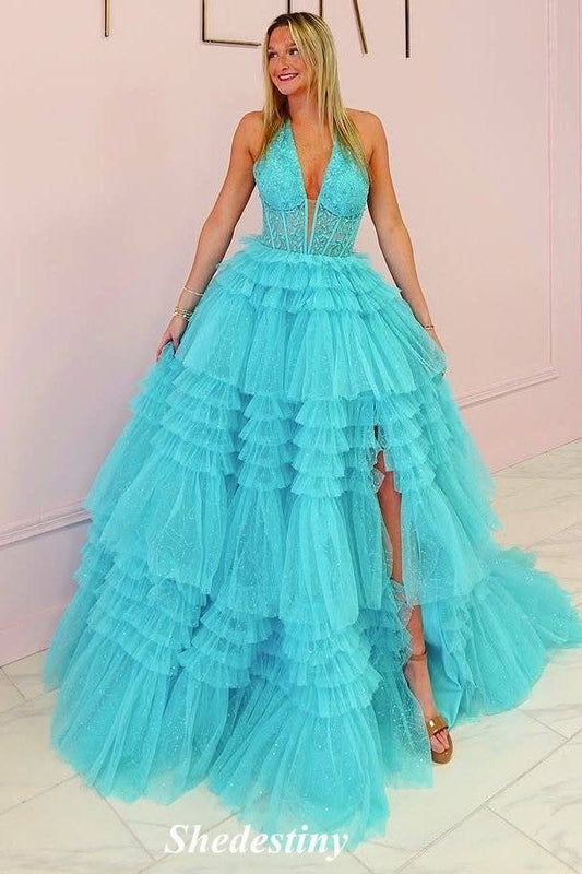 Plunging V-Neck A-Line Mist Layered Halter Prom Dress with Slit