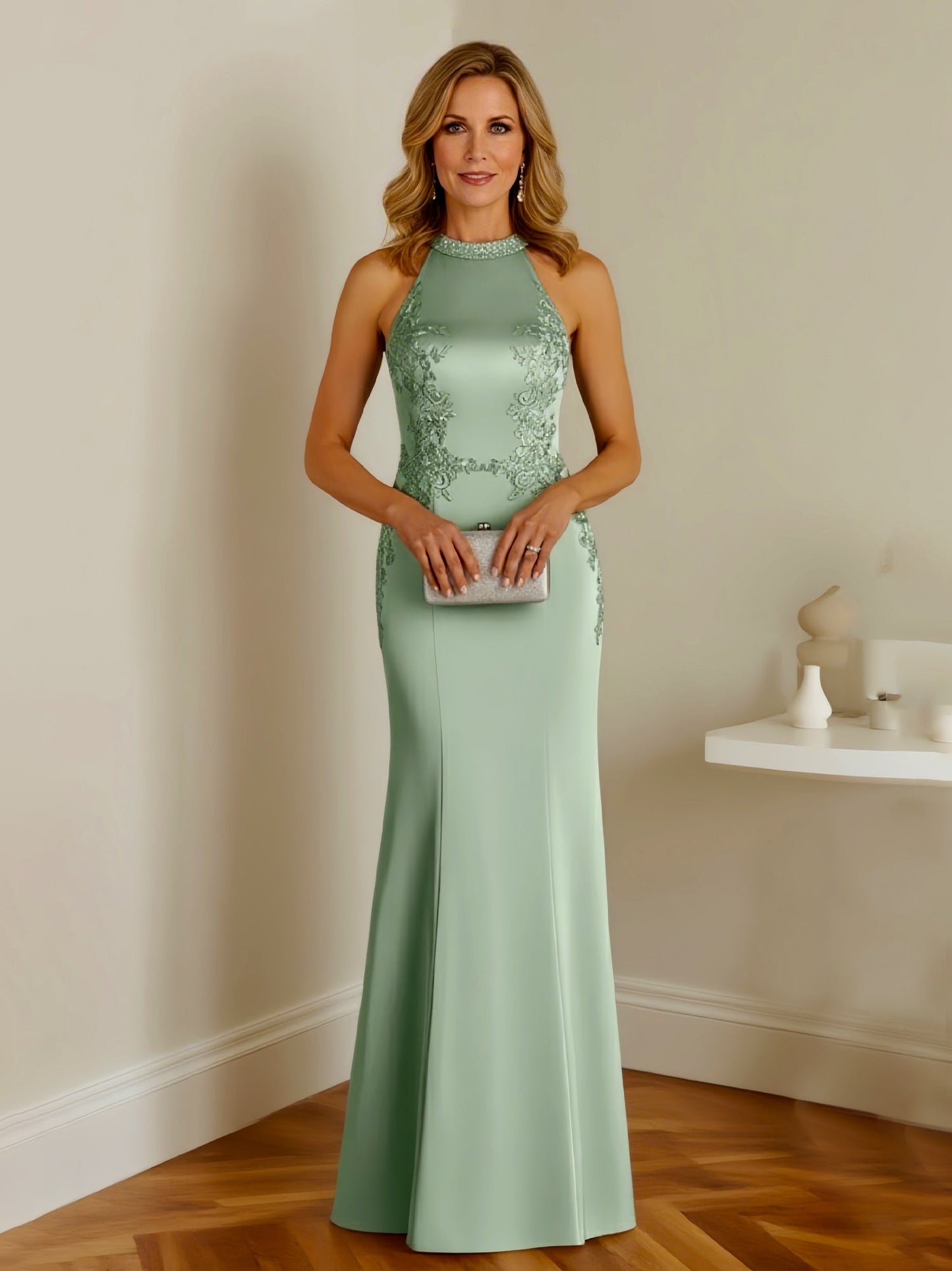 Sleeveless High Neck Lace Detail Maxi Dress Dusty Sage
