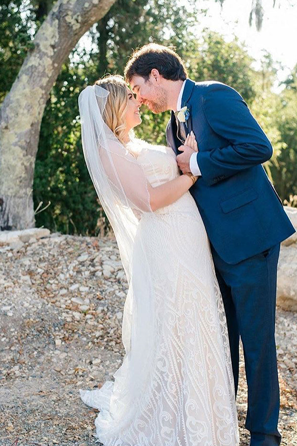 Long Mermaid V-Neck Ivory Wedding Dress with Train