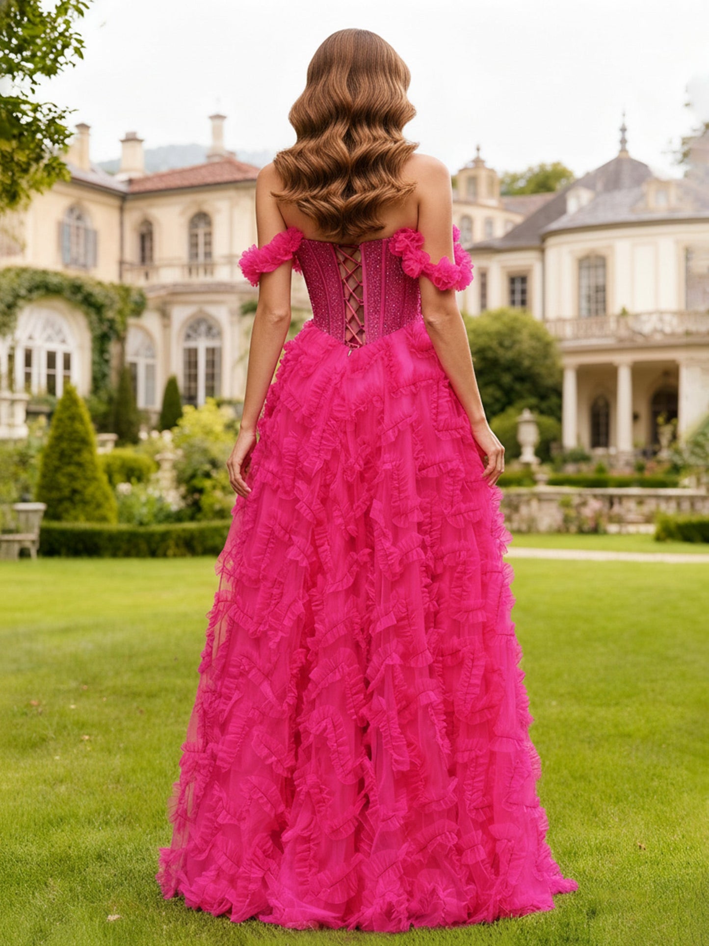 Off-Shoulder Sequin Bodice Tiered Ruffle Gown Fuchsia