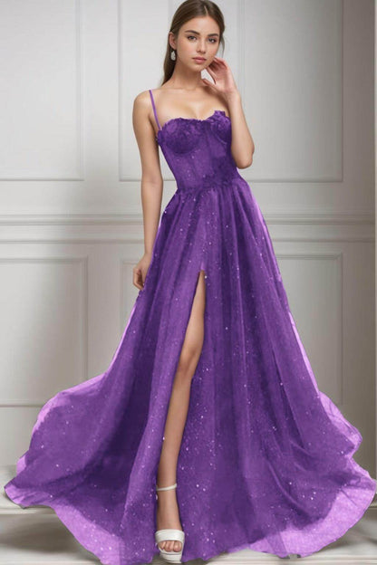 A-Line Sweep-Brush Train Tulle Prom Dress CS0439