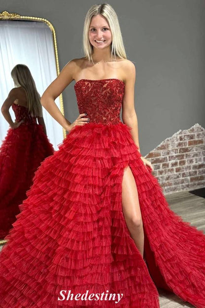 Tiered Ruffle A-Line Blue Sequin Strapless Prom Dress with Slit