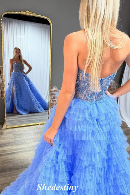 Tiered Ruffle A-Line Blue Sequin Strapless Prom Dress with Slit