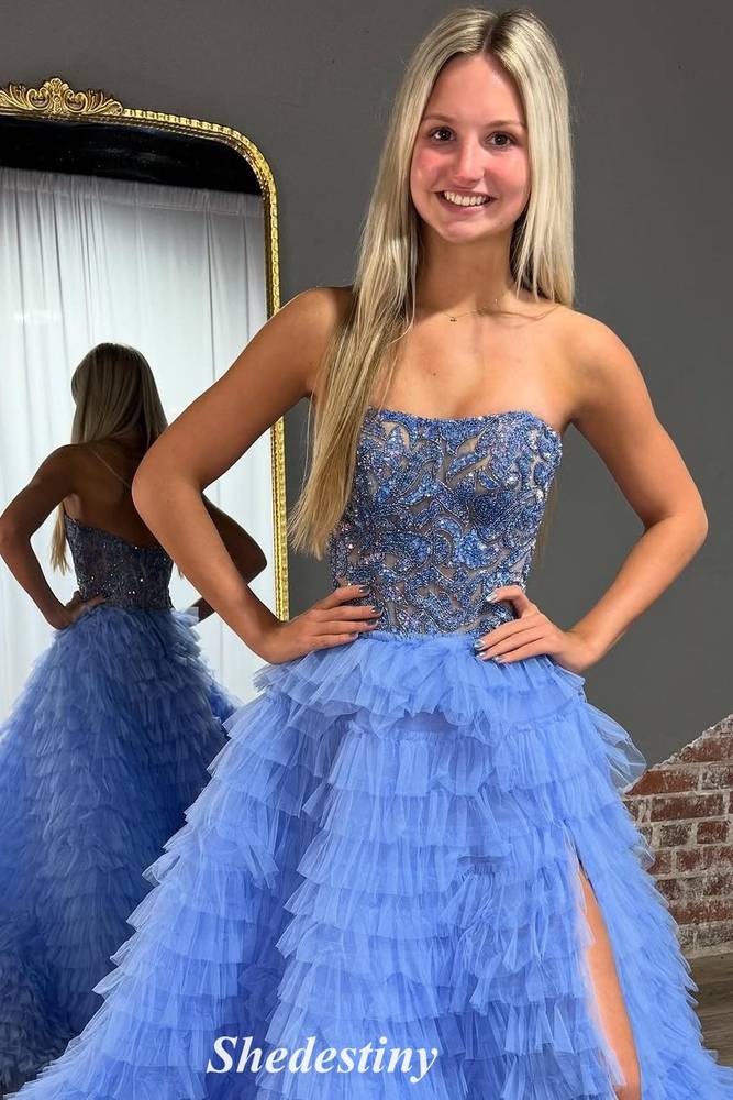 Tiered Ruffle A-Line Blue Sequin Strapless Prom Dress with Slit