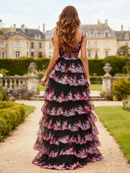 Off-Shoulder Gown with Multi-Color Sequin Embroidered Tier
