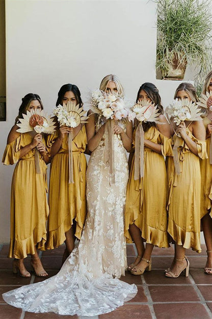 Ruffles Cold Sleeves Tea-Length Mustard Yellow Bridesmaid Dress