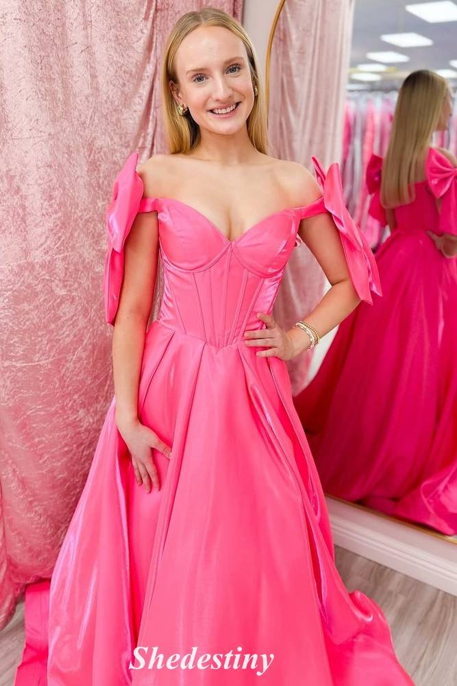 Bowknot Off Shoulder Fuchsia A-Line Corset Gala Prom Dress