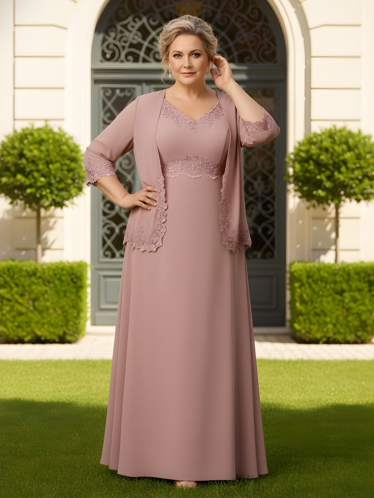 Lace Trim Two-Piece Chiffon Maxi Suit Dusty Rose