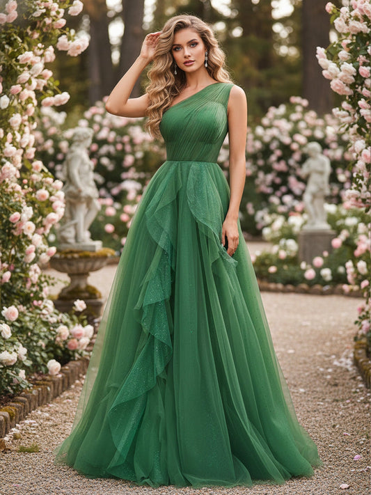 Sparkling Tulle A-Line Gown with Cascading Ruffles Emerald