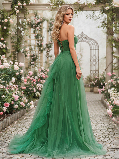 Sparkling Tulle A-Line Gown with Cascading Ruffles Emerald