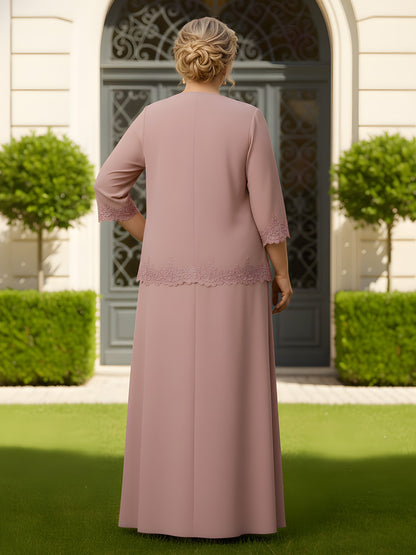 Lace Trim Two-Piece Chiffon Maxi Suit Dusty Rose