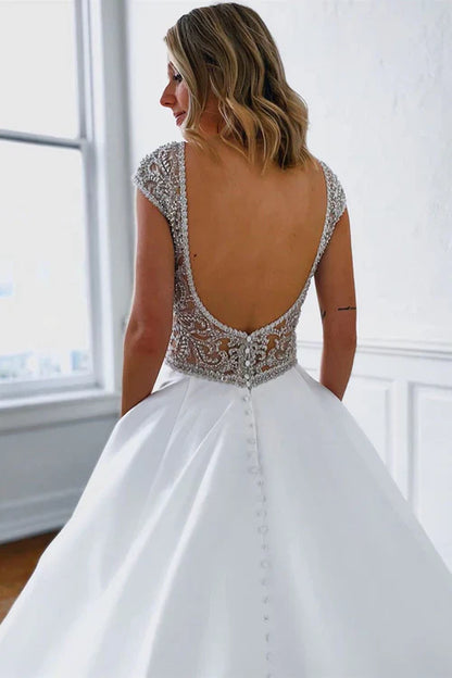Aimishang Elegant A-Line V-Neck Long White Wedding Dress with Silver Beads