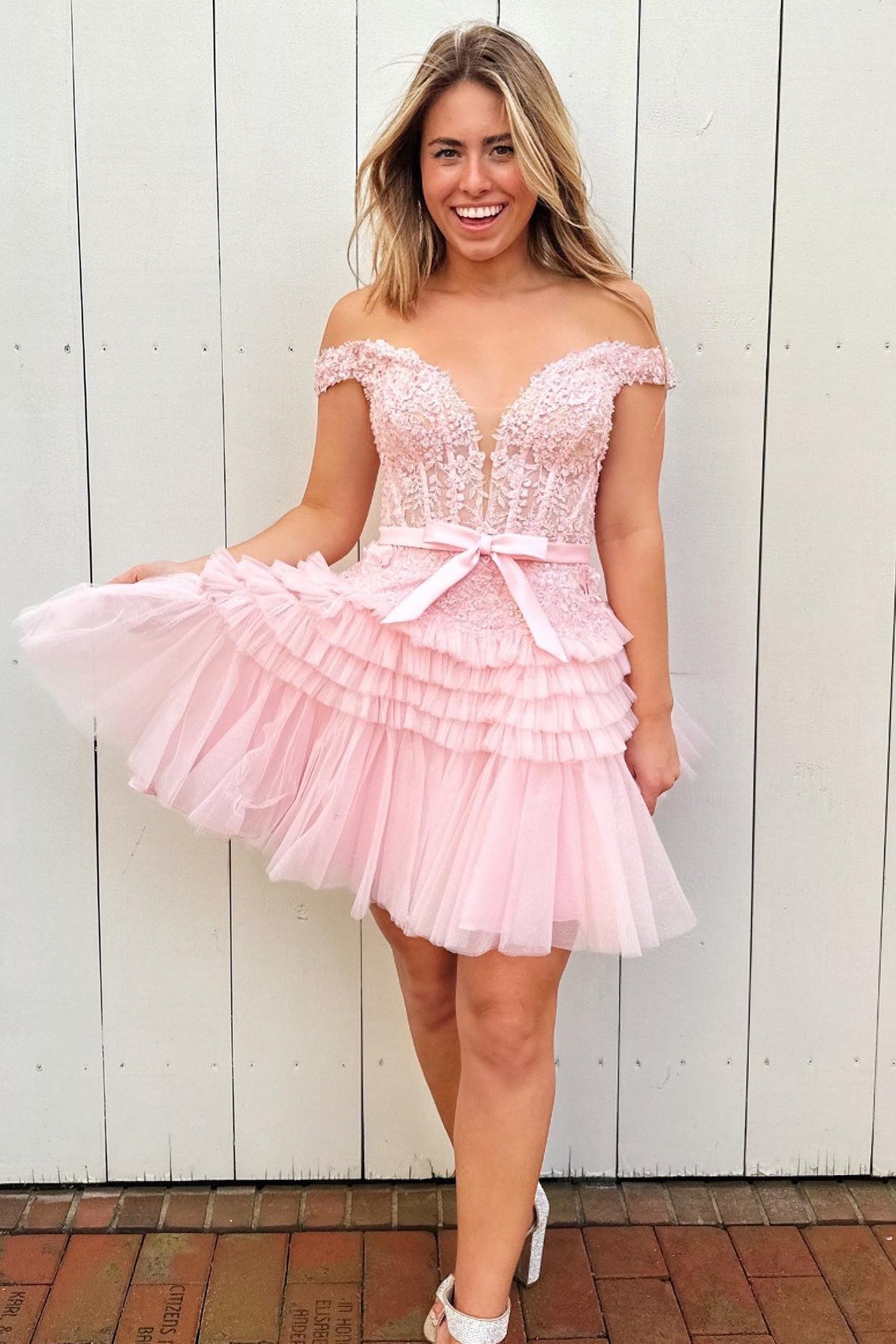 Pink Off-the-Shoulder Bow Tiered Short Homecoming Dress with Ruffles