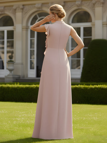 High Neck Pleated A-Line Ruffle Gown Dusty Rose