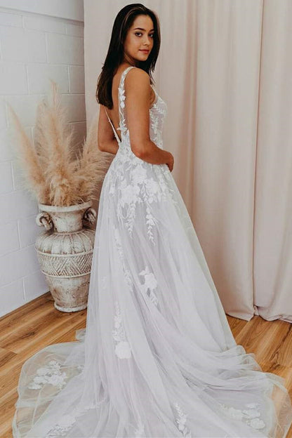 V Back Long White Wedding Dress with Lace