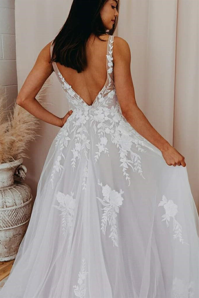 V Back Long White Wedding Dress with Lace