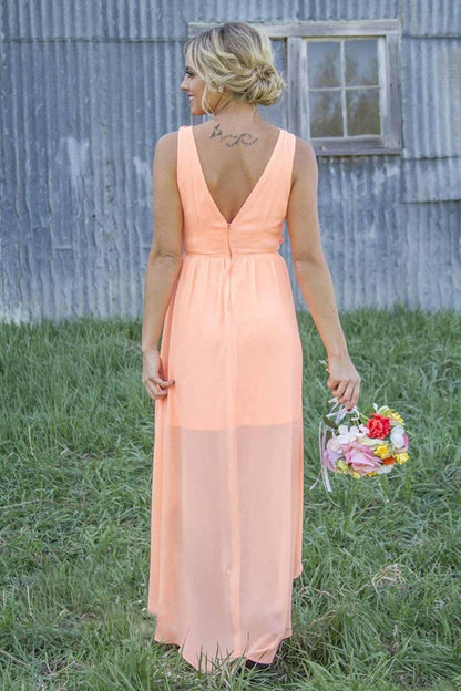 High Low Peach Long Bridesmaid Dress with Appliques