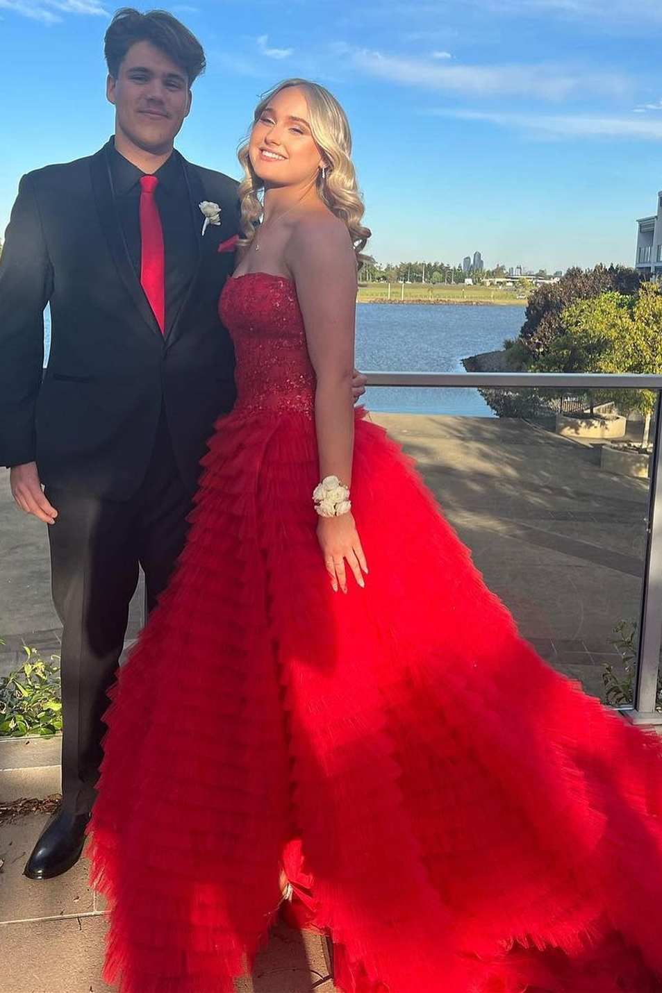 Tiered Light Blue Strapless A-Line Prom Dress with Slit