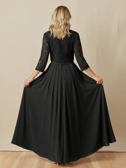 A-Line Floor Length Pleated Gown with 3/4 Sleeves Shrug Black