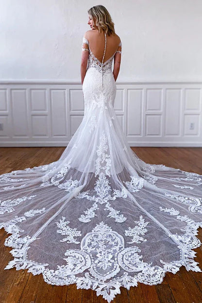 Aimishang Elegant Mermaid Off-the-Shoulder Short Sleeves Long White Lace Bridal Dress