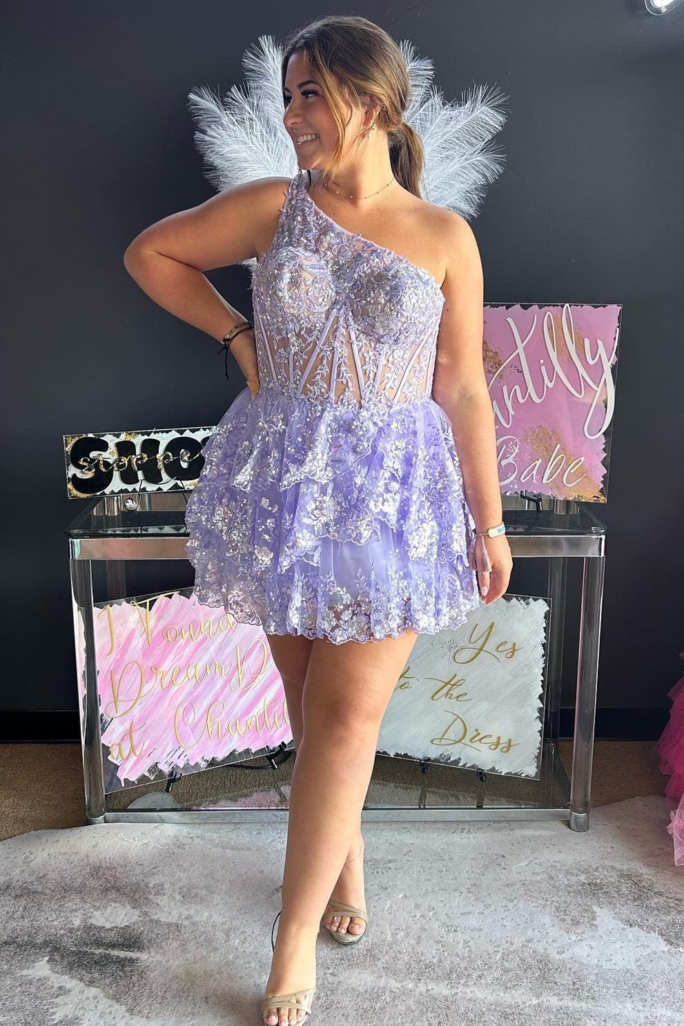Light Blue Sequin-Embroidery One-Shoulder Tiered A-Line Homecoming Dress