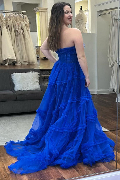 Magenta Strapless Ruffles A-Line Long Formal Dress with Puff Sleeves