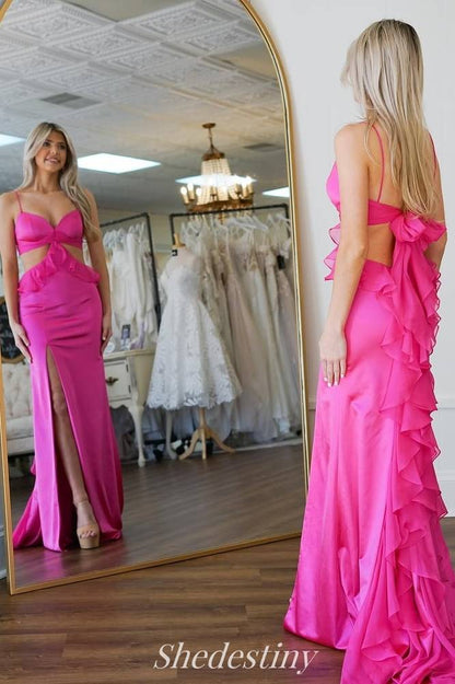 Hot Pink Side Cutout Mermaid Slit Prom Dress with Backside Ruffle Ruching