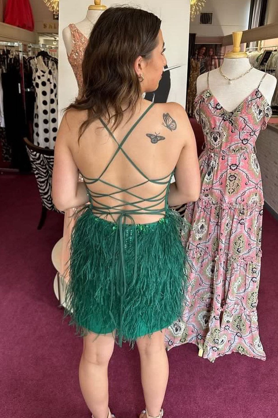 Purple Beaded Feather Lace-Up Back Short Homecoming Dress