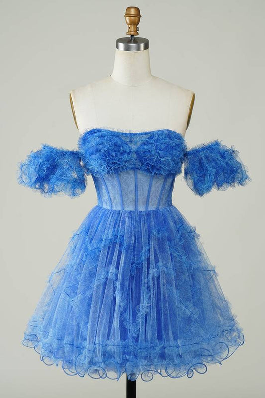 Off the Shoulder A-Line Blue Homecoming Dress