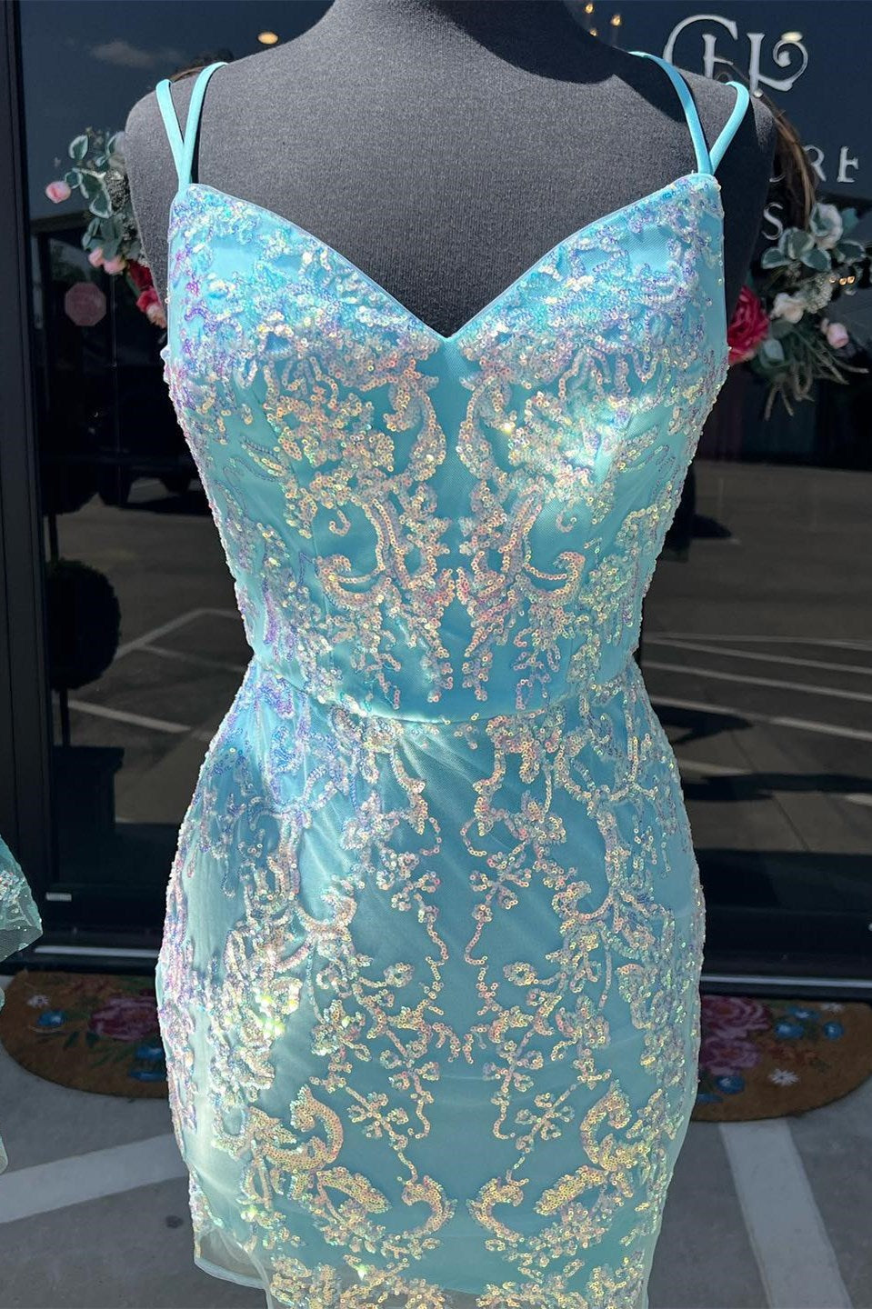 Aqua Blue Sequin Lace Short Cocktail Dress with Spaghetti Straps