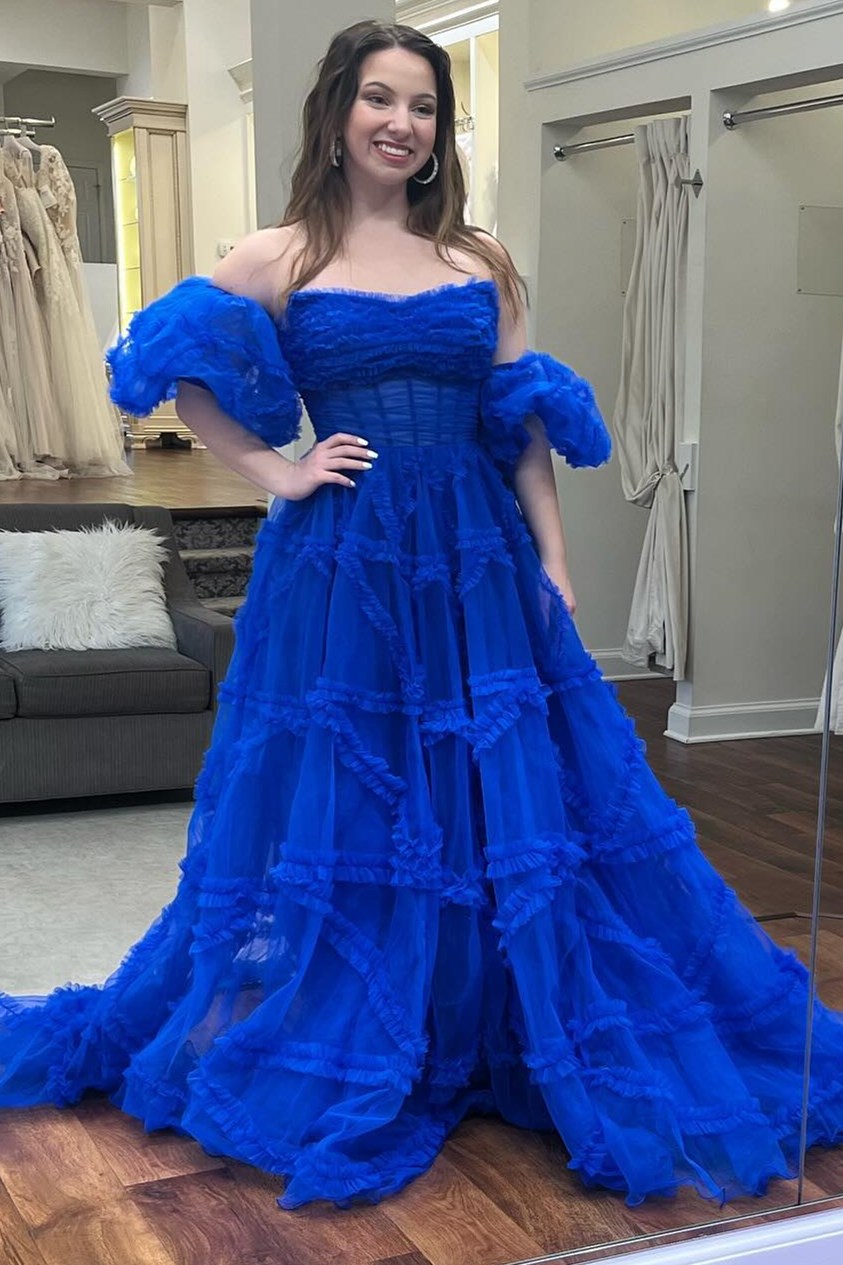 Magenta Strapless Ruffles A-Line Long Formal Dress with Puff Sleeves