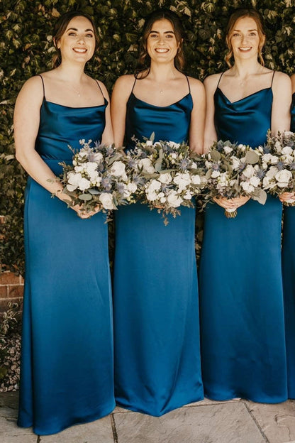Champagne Cowl Neck Spaghetti Strap Long Dress