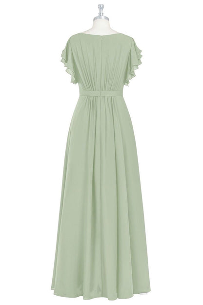 Sage Green Crew Neck Ruffles A-Line Long Bridesmaid Dress