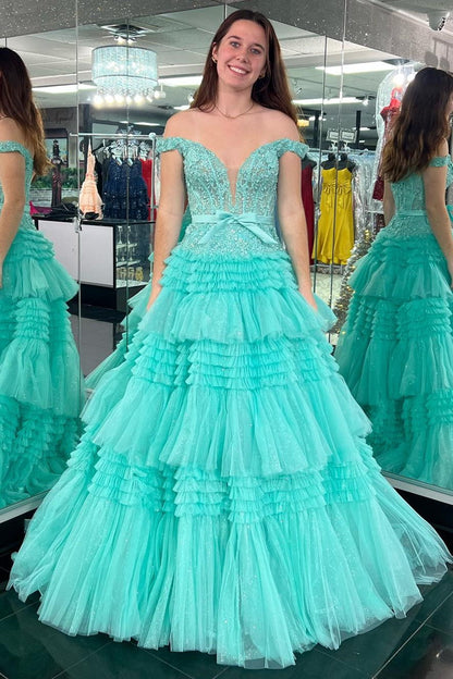 Princess Tulle Off-the-Shoulder Tiered A-Line Prom Gown