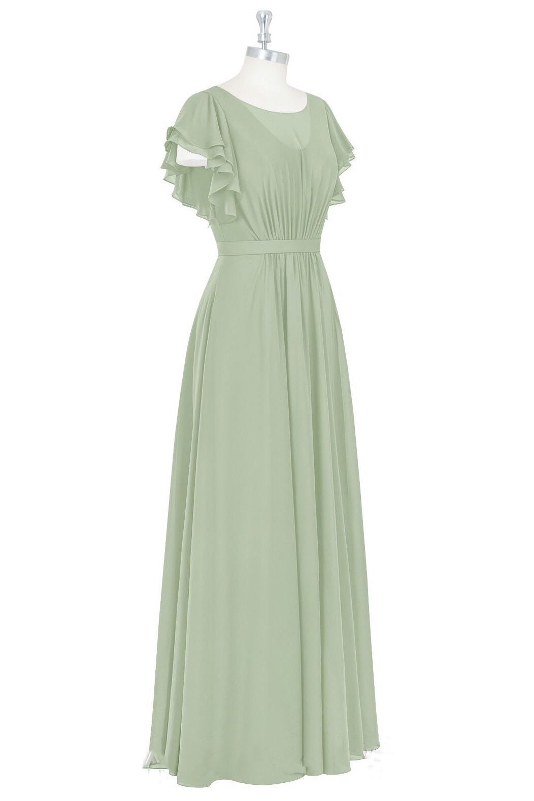 Sage Green Crew Neck Ruffles A-Line Long Bridesmaid Dress