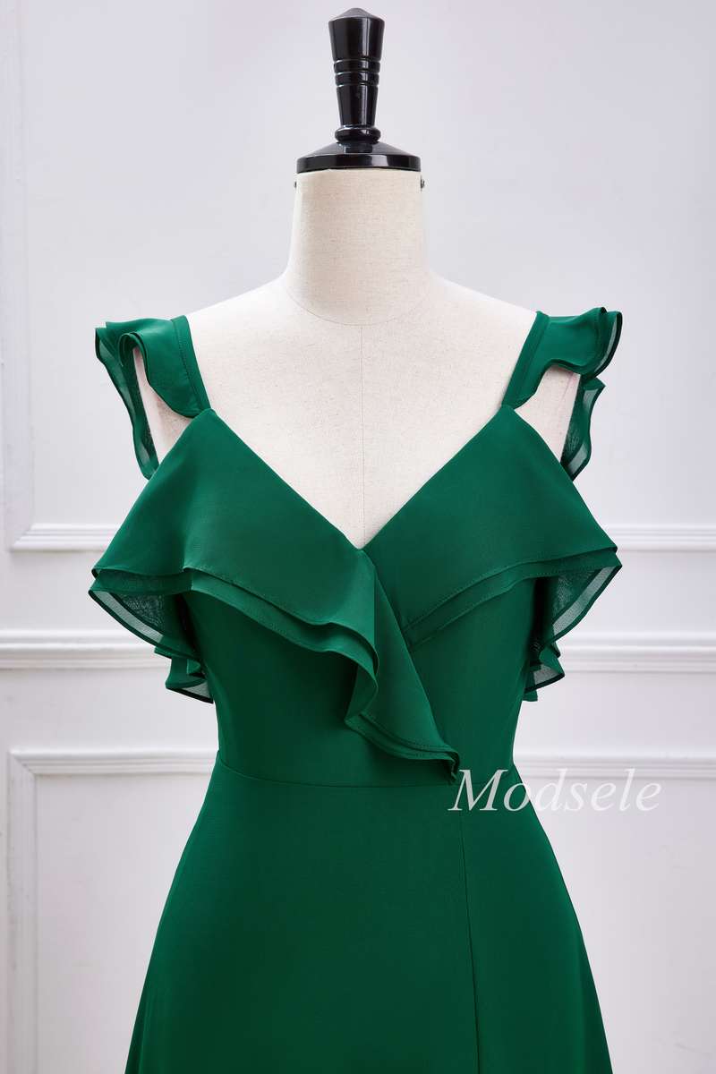 Emerald Ruffle Flutter Sleeve Maxi Dress with Slit