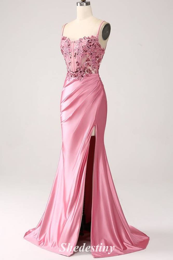 Sequin Applique Sweetheart Mermaid Pink Prom Dress with Slit