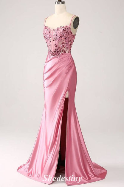 Sequin Applique Sweetheart Mermaid Pink Prom Dress with Slit